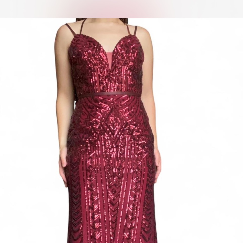 Mori Lee Burgundy Sequin Prom Dress